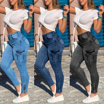 Trendy Women's Zipper Pocket Distressed Denim Pants