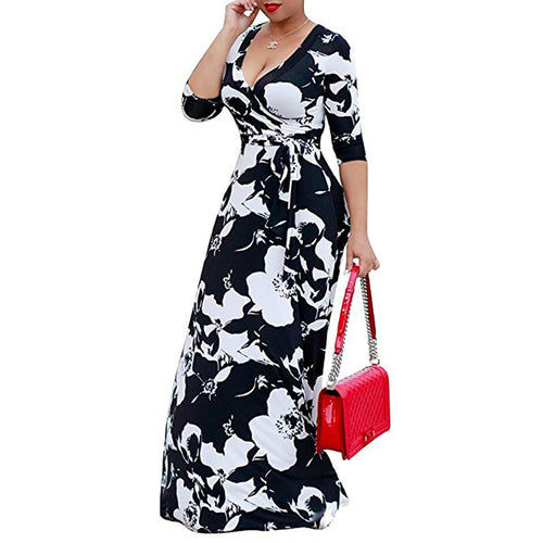 Plus Size Women's Floral Tie Waist Maxi Dress