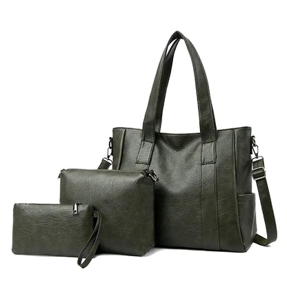 Classic Solid Color Faux Leather Bag Set (Large Capacity)