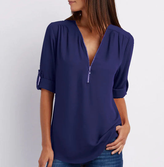 Plus Size V-Neck Long Sleeve Zip Chiffon Shirt