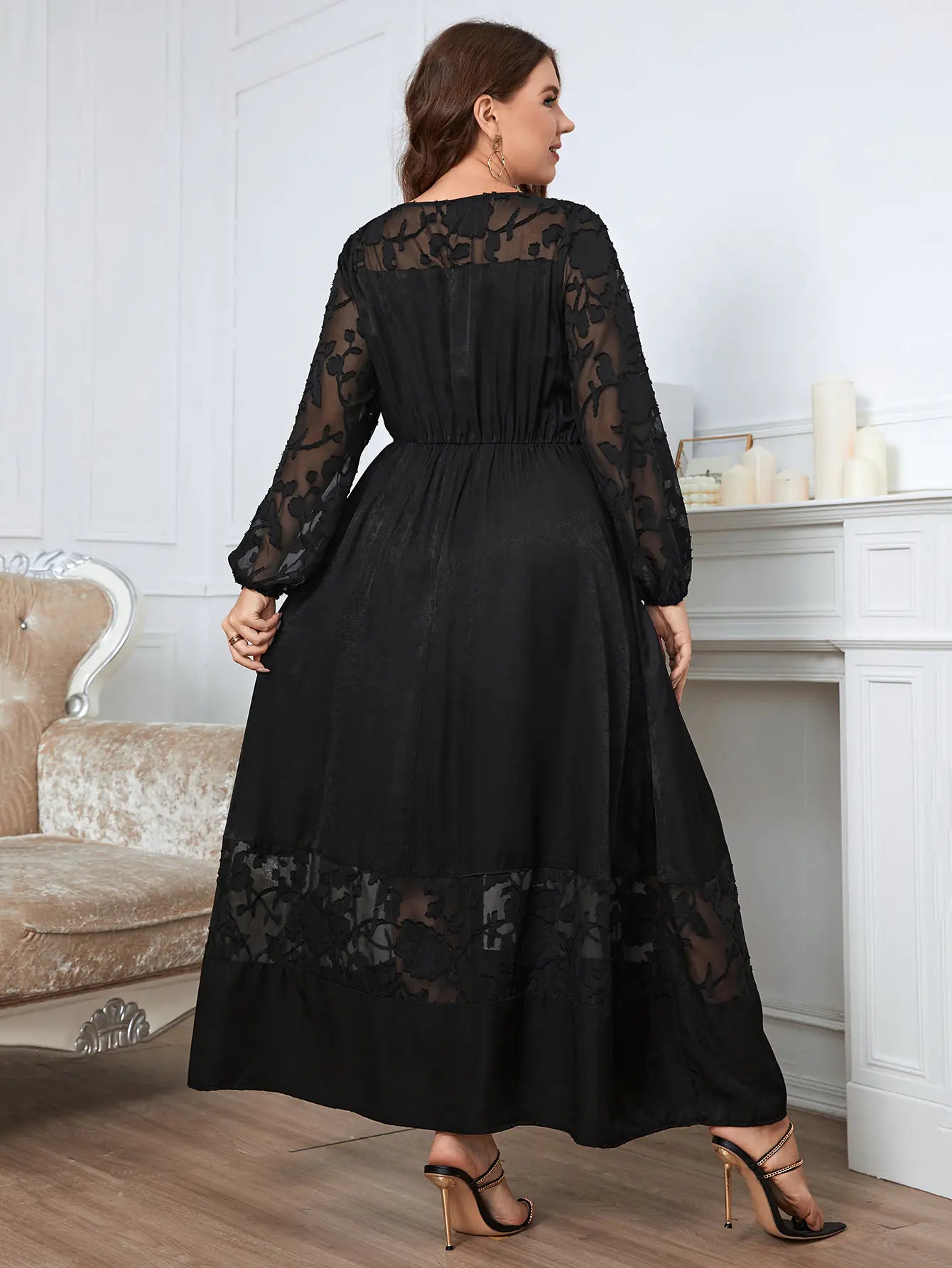 Plus Size Lace Midi Dress for Fall - Long Sleeve Elegance