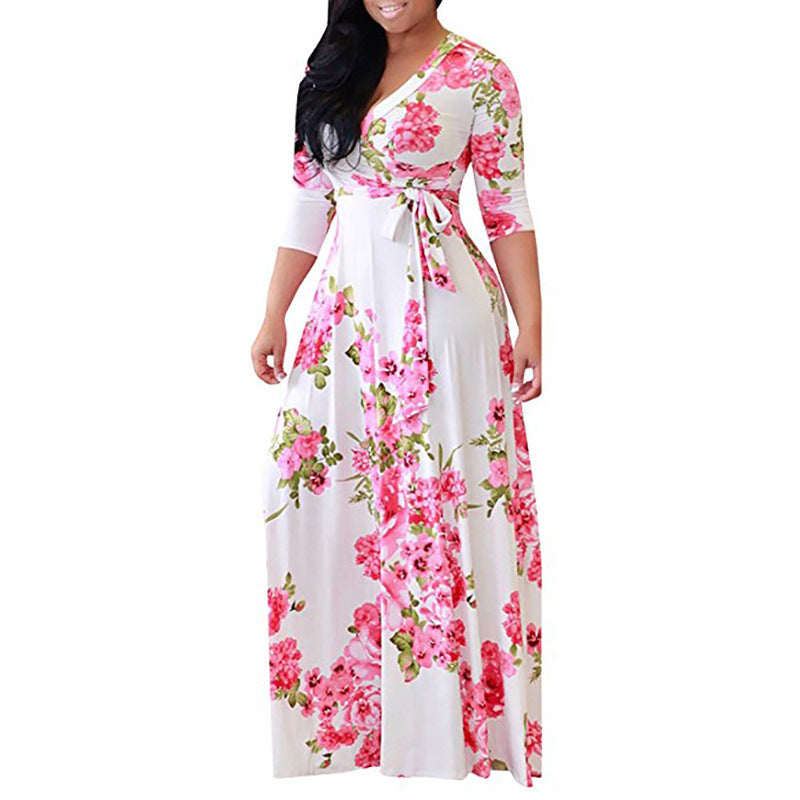 Plus Size Women's Floral Tie Waist Maxi Dress
