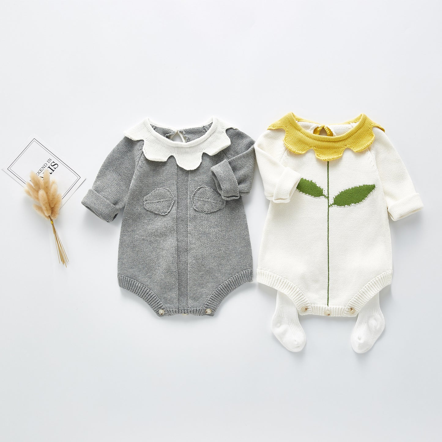 Leaf Collar Knit Long Sleeve Jumpsuit for Baby Girls
