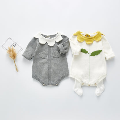 Leaf Collar Knit Long Sleeve Jumpsuit for Baby Girls
