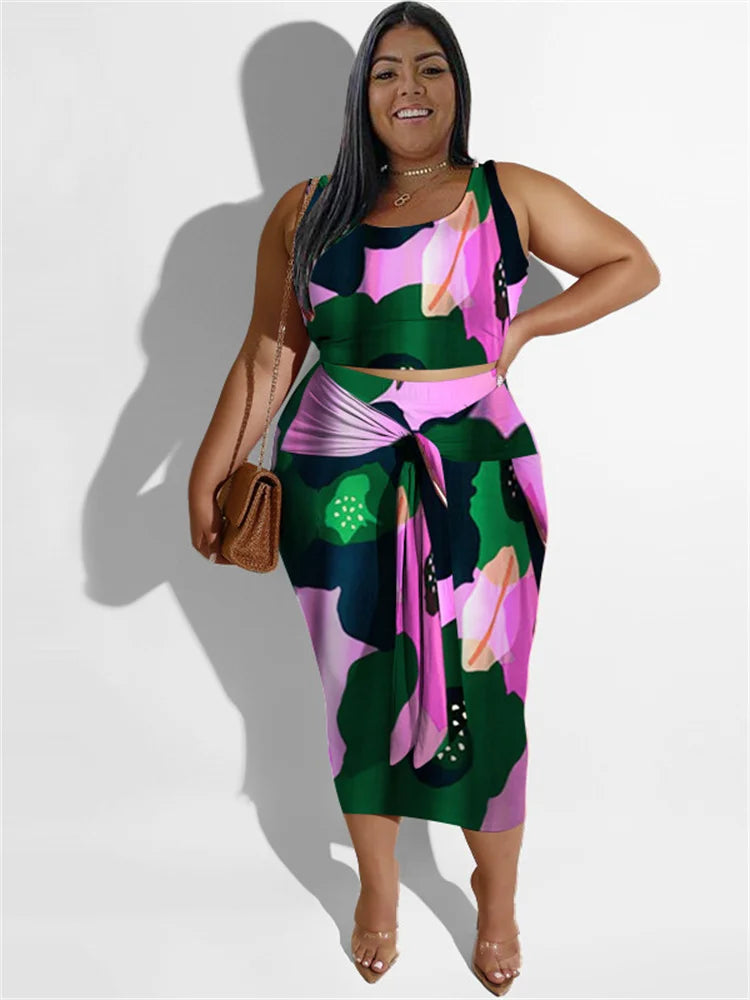Plus Size Dress Sets Floral Printed Two Piece Set Crop Top