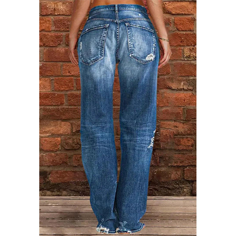 Women's Casual Mid-Waist Distressed Denim Pants