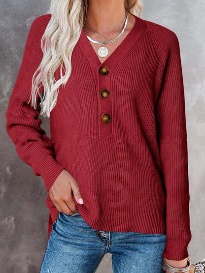 New Button Knitted V-Neck Sweater for Women