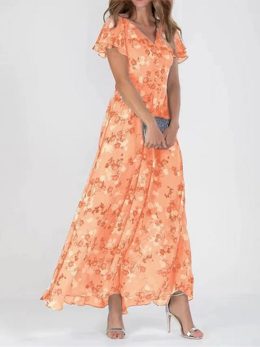 Plus Size Trendy Floral Dress with Short Ruffled Sleeves, V-Neck Design
