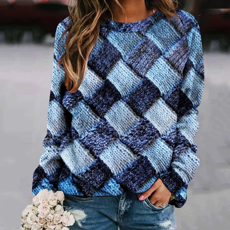Printed Patchwork Round Neck Women's Long Sleeve Sweater
