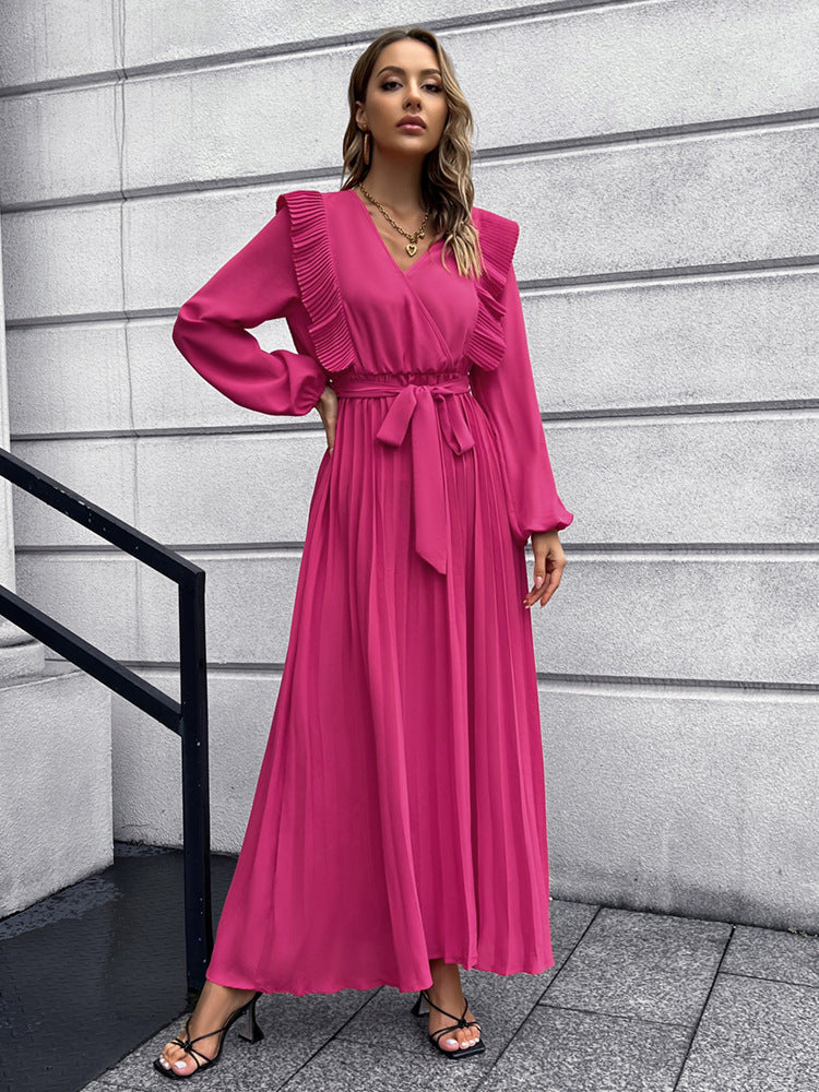 Autumn Winter Women's V-Neck Pleated Dress