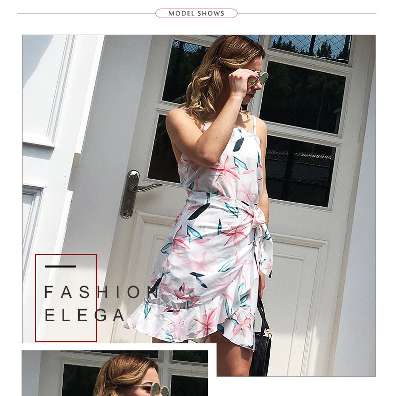 Leaf Print Cami Chiffon Dress - Irregular Short Skirt