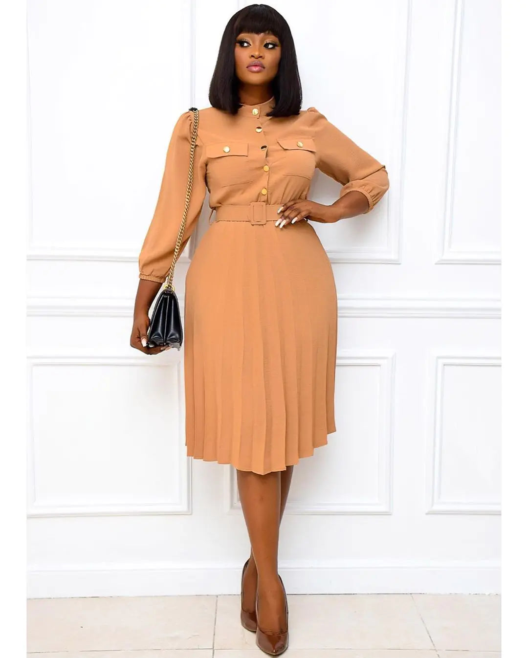 Plus Size Solid Color Midi Dress for Women