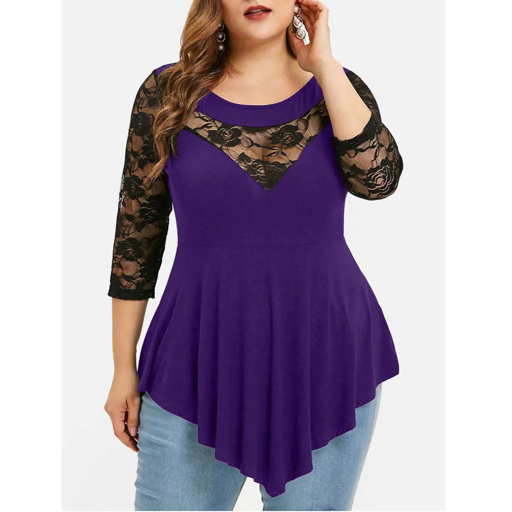 Spring Plus Size Floral Lace Top with Sheer Hem