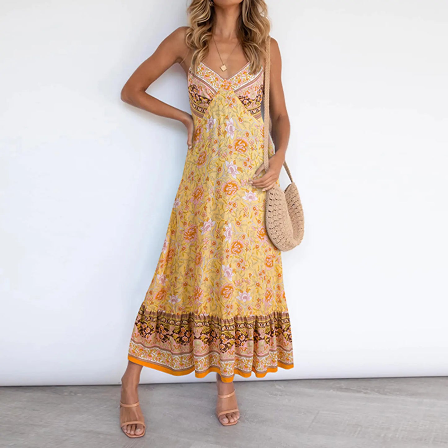 Damen lässiges Boho Blumen V-Ausschnitt Sommerkleid