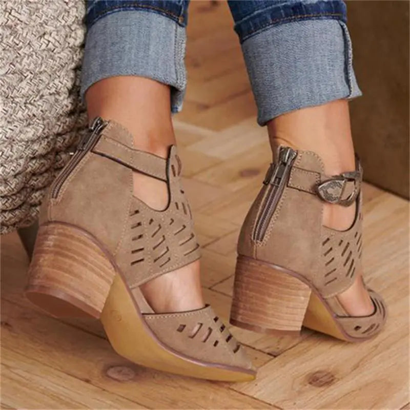 Cutout Floral Chunky Heels Women's Sandals