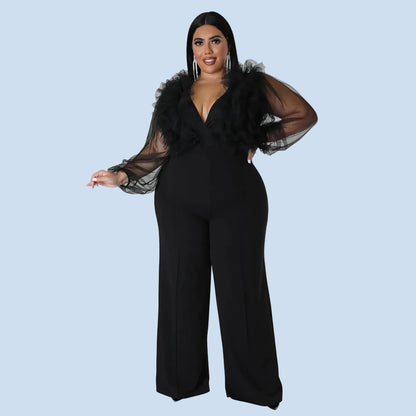 Plus Size Mesh Jumpsuit with Ruffles and Deep V Neck