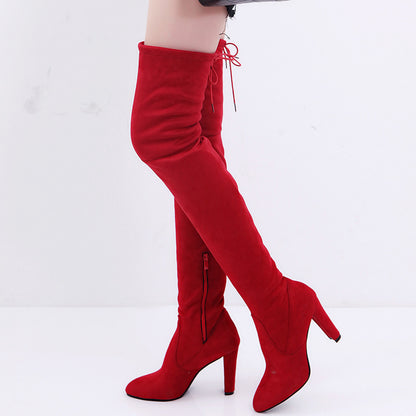 Knee-High Stiletto Suede Boots with Chunky Heels