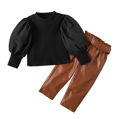 Fashionable Girls' Set with Puff Sleeve Top & Pants