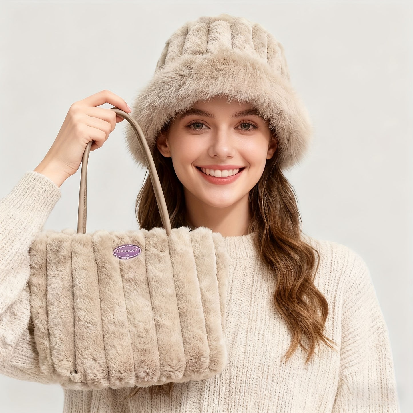 2pcs Women's Fleece-Lined Shoulder & Bucket Hat Set