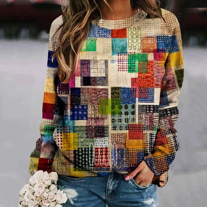 Printed Patchwork Round Neck Women's Long Sleeve Sweater
