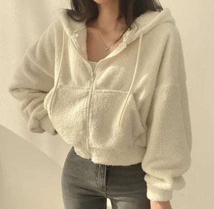 Lamb Wool White Hooded Sweater For Women