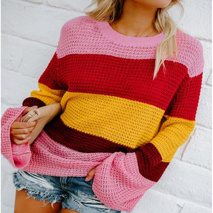 Plus Size Casual Striped Sweater with Round Neck