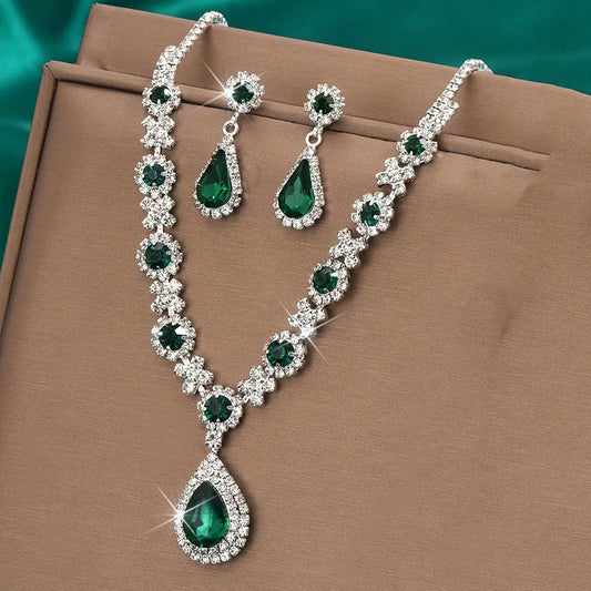 Bridal Jewelry Set with Crystal Drop Necklace & Earrings