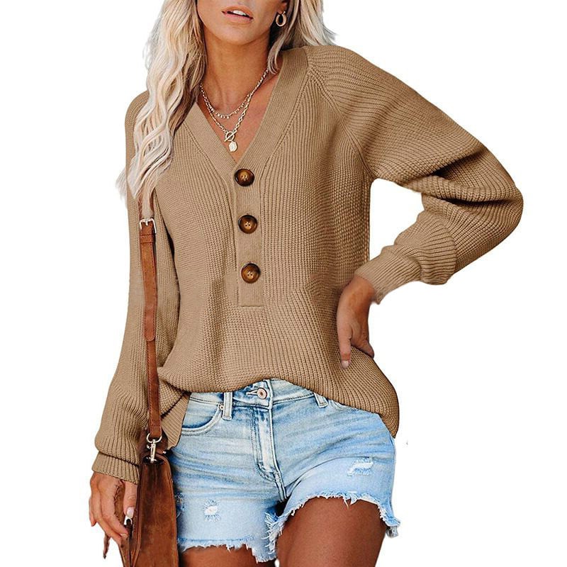 New Button Knitted V-Neck Sweater for Women