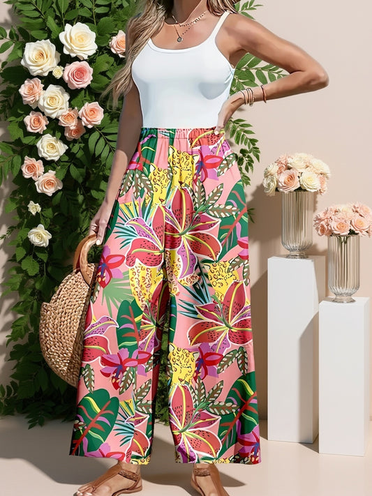 Directional Style  Plus Size Floral Print Pleated Loose Pants