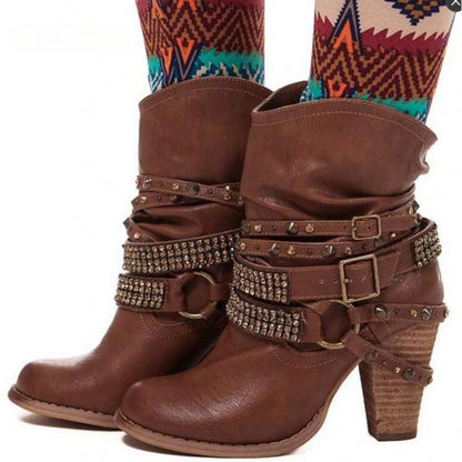 Boots Round Toe Block Heel Ankle Boots Chic Metal Accents