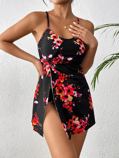Women's Conservative Strap Dress Style Printed Two-Piece Swimsuit