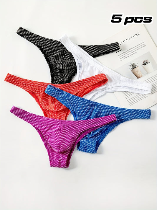 5pcs of Men's Bikini Swim Trunks, Low-Waisted, Sexy Mesh