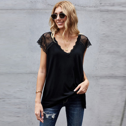 Women's Lace Knit Vest Top - European Style V-Neck T-Shirt