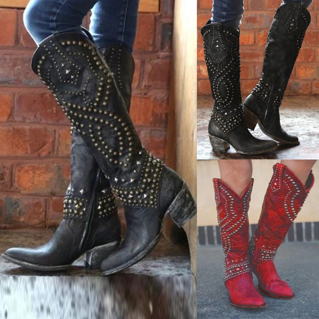 Women's Studded Knee-High Boots with Chunky Heels