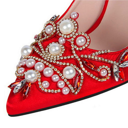 Elegant Satin Pointed-Toe High Heels with Pearls