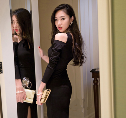 Hollow-Shoulder Long Sleeve Dress with Side Split