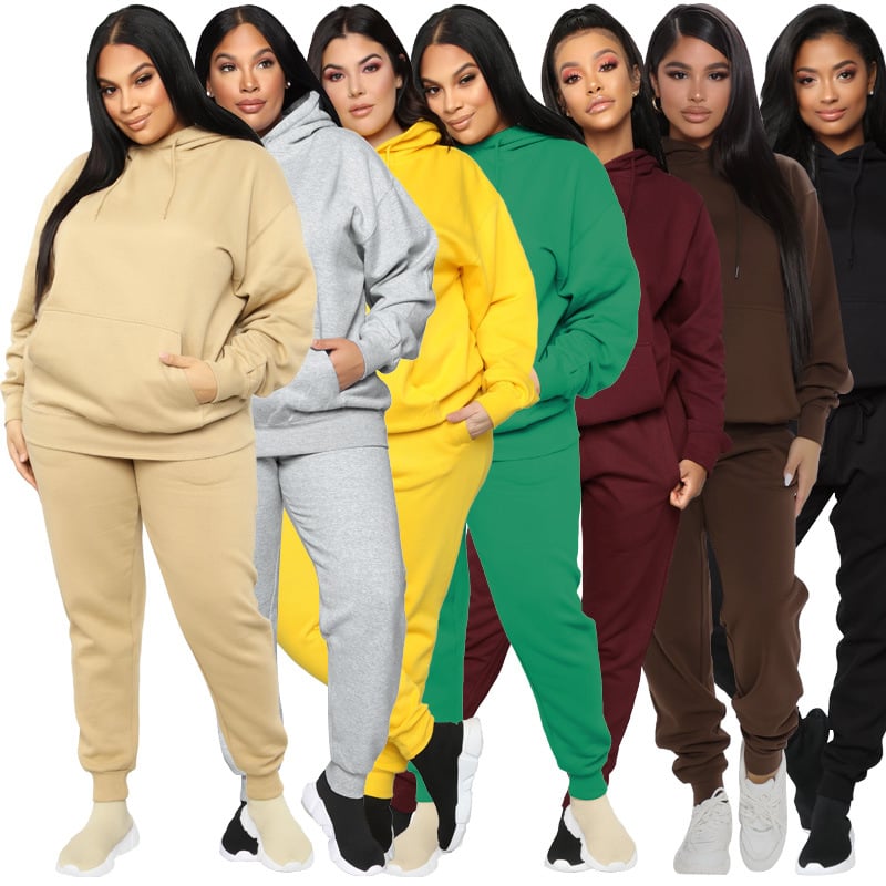 Plus Size Casual Solid Color Hooded Sweater Set