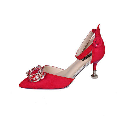 Red Bridal Pointed Toe Stiletto Heels with Rhinestones