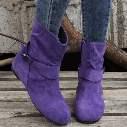 Ankle Boots  Round Toe Buckle Belt Side Zipper Boots