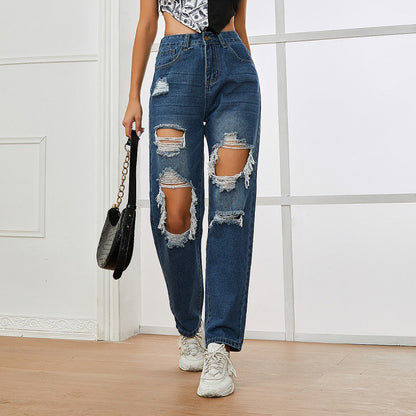 Women's Distressed Straight Leg Denim Pants