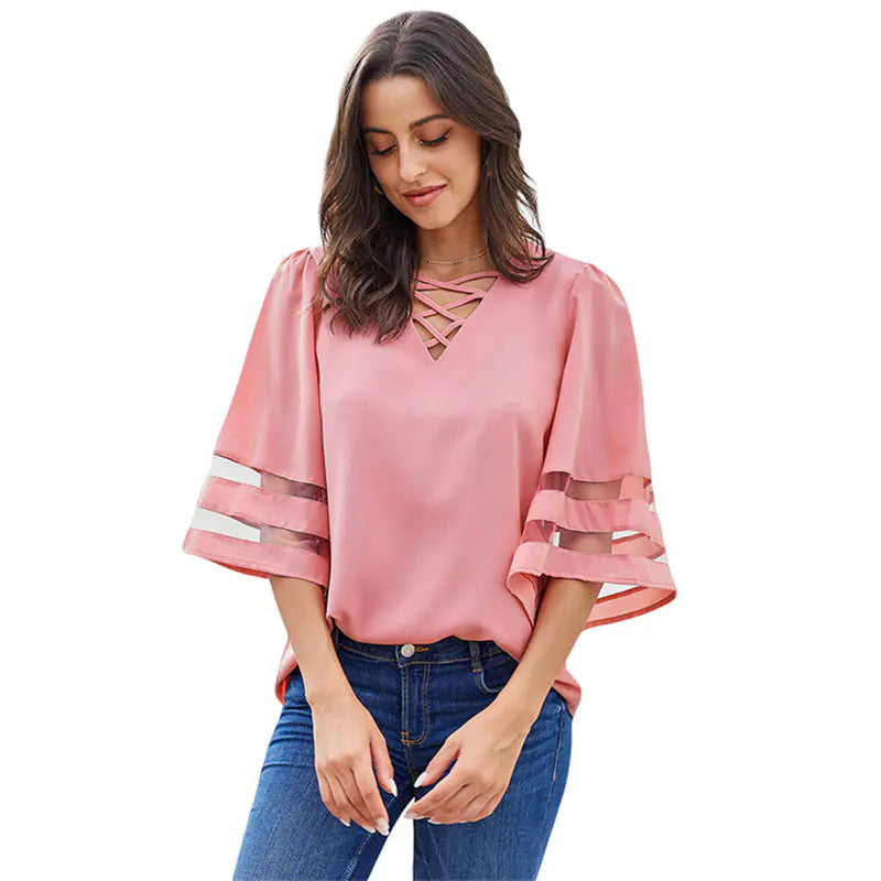Mesh Stitching V-Neck T-Shirt for Women
