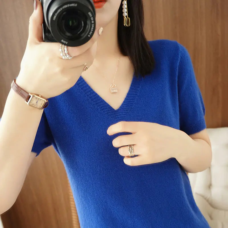 Women's V-Neck Short Sleeve Knit Sweater