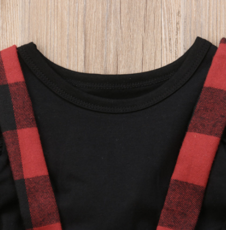 Black Long Sleeve Plaid Pinafore Dress Set for Girls