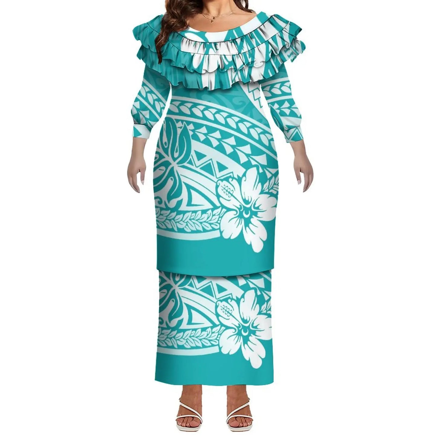 Plus Size Women Hawaiian Print Full Sleeve Long Dress