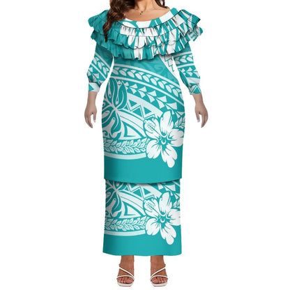 Plus Size Women Hawaiian Print Full Sleeve Long Dress