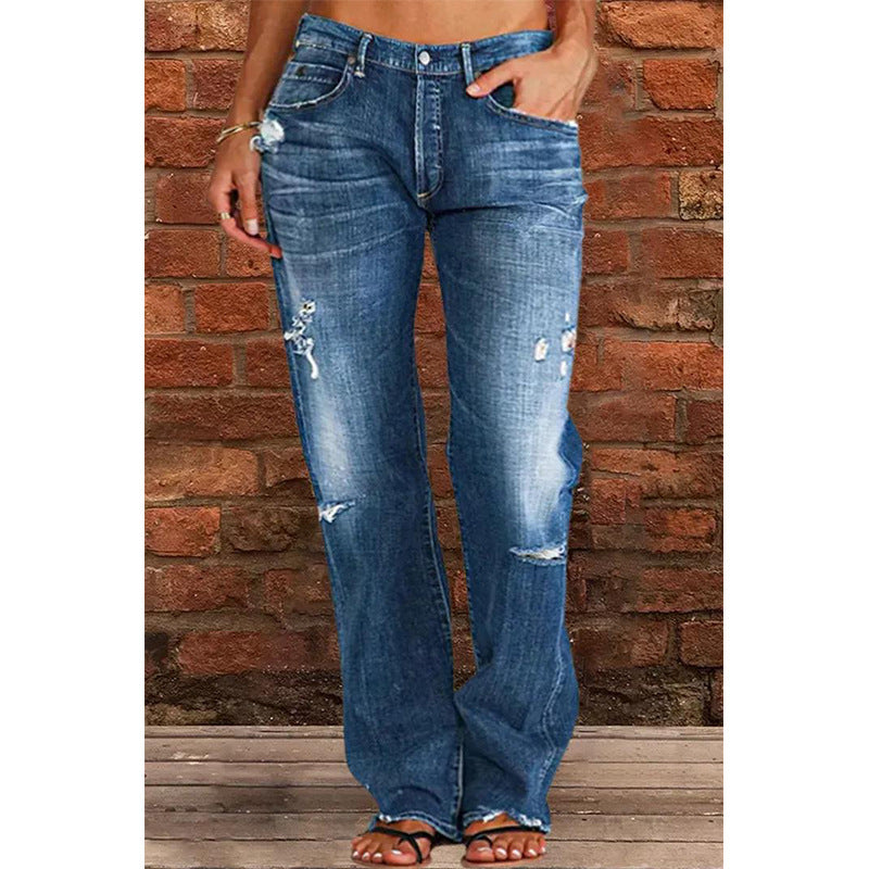 Women's Casual Mid-Waist Distressed Denim Pants