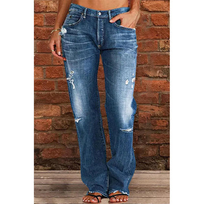 Women's Casual Mid-Waist Distressed Denim Pants