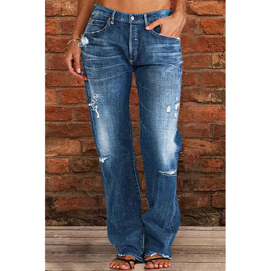 Women's Casual Mid-Waist Distressed Denim Pants