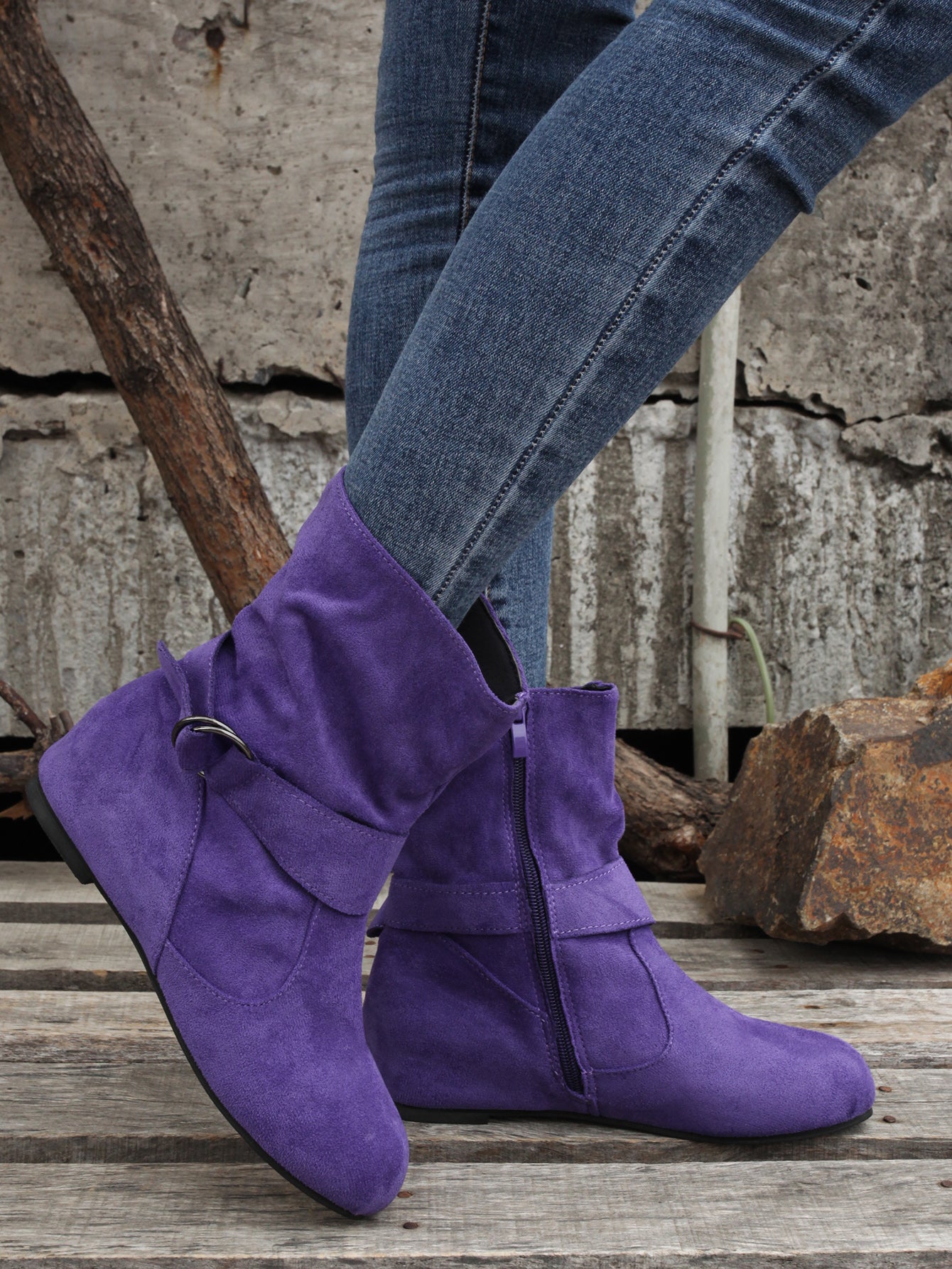 Ankle Boots  Round Toe Buckle Belt Side Zipper Boots