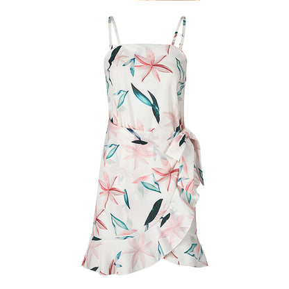 Leaf Print Cami Chiffon Dress - Irregular Short Skirt